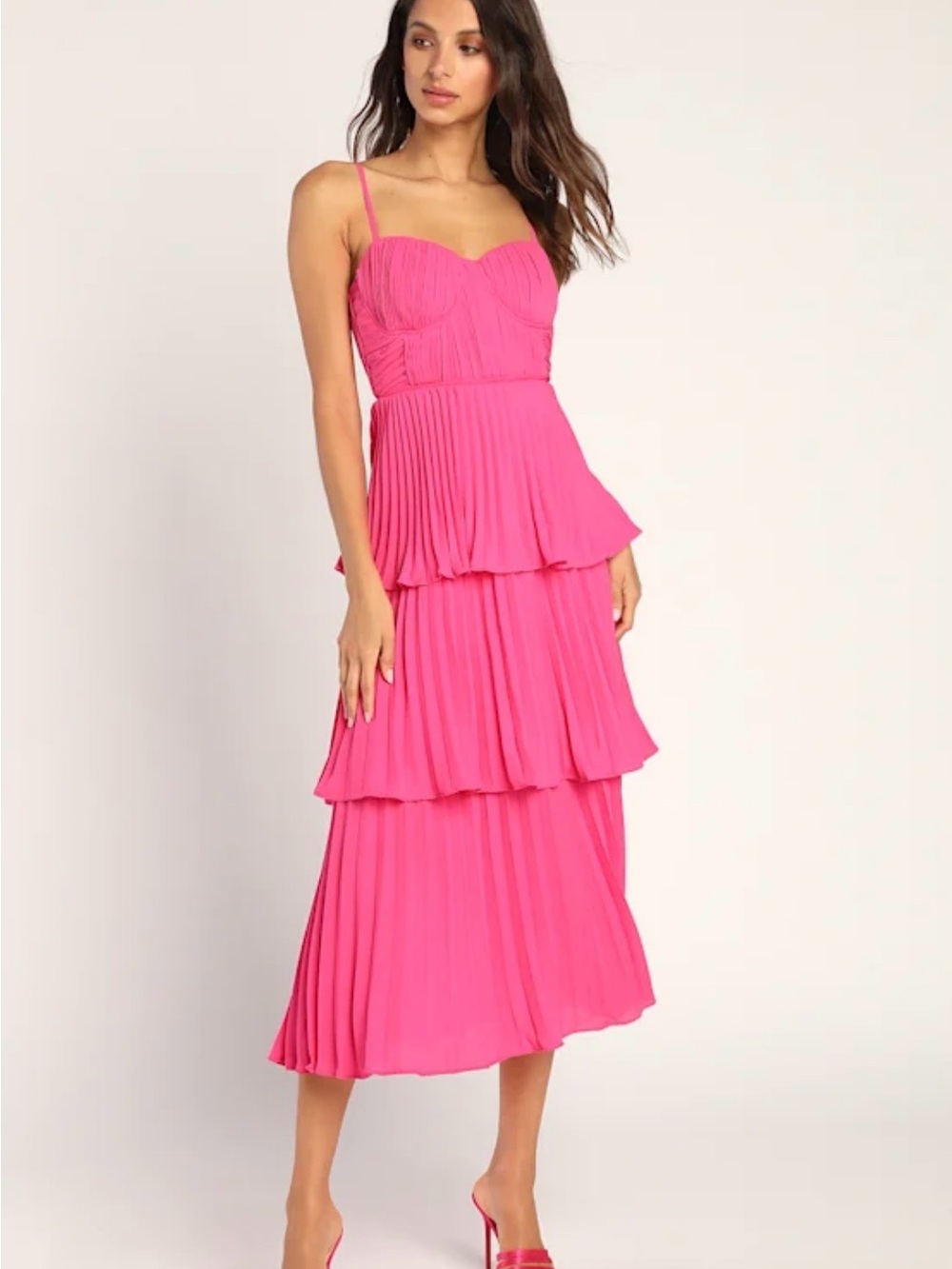 Pink Tiered Pleated Midi Dress - Women's